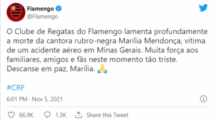 Flamengo presta homenagem à cantora Marília Mendonça