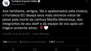 Fortaleza presta homenagem à cantora Marília Mendonça por meio do perfil oficial do clube no Twitter