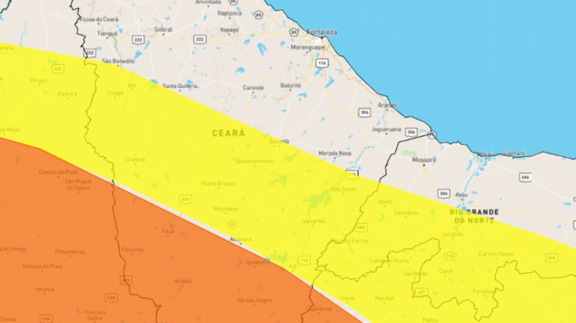 Faixa amarela indica perigo potencial e a laranja indica perigo(foto: REPRODUÇÃO/INMET)