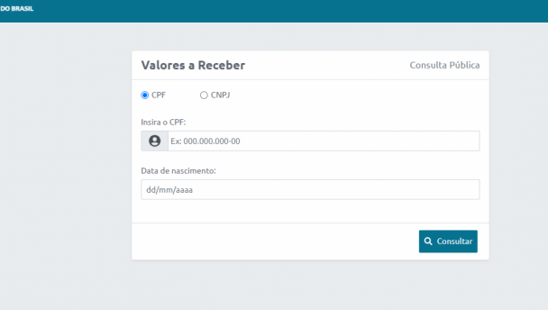 Tela do site Valores a Receber do Banco Central para consulta de dinheiro esquecido