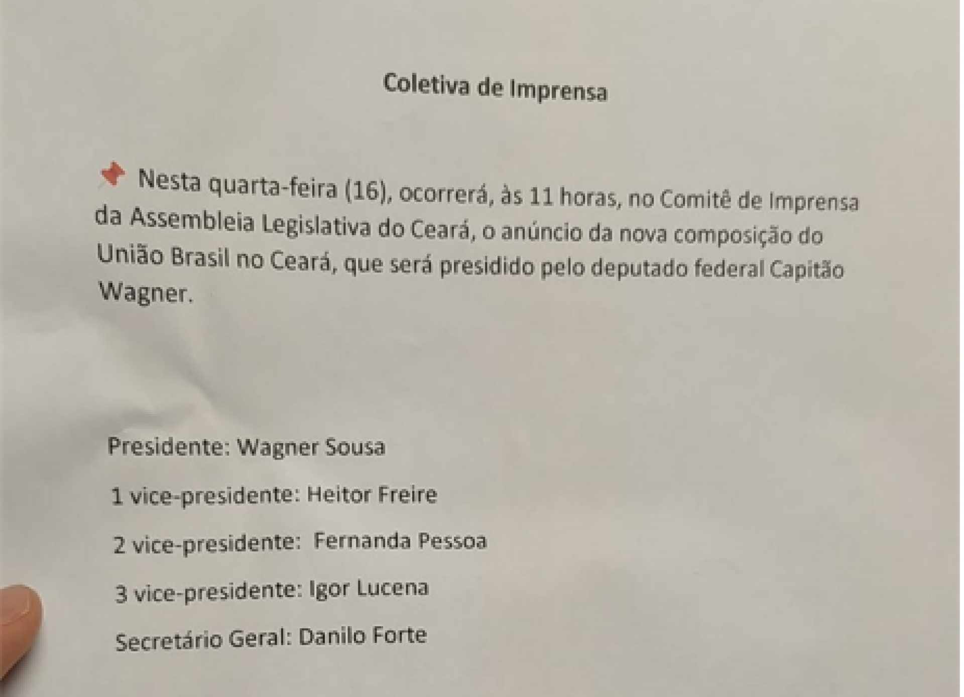 Lista com o nome dos prováveis integrantes do diretório cearense do União Brasil.