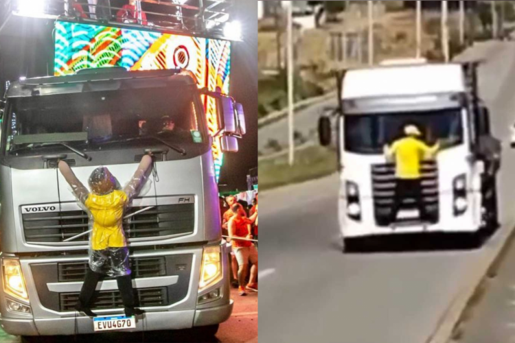 Bolsonarista virou meme nas redes sociais após se pendurar em caminhão para impedir furo de bloqueio de rodovia em atos golpistas.  