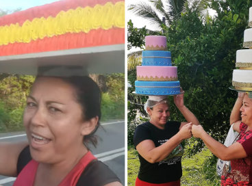 Mulher viraliza nas redes sociais por carregar bolo na cabeça enquanto anda na garupa de moto 