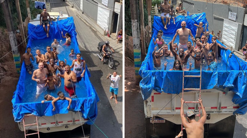 Dj monta piscina para crianças de uma comunidade na traseira de caminhão e viraliza nas redes sociais