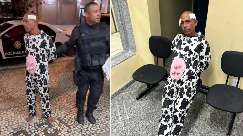 Homem vestido de vaca é detido no Rio de Janeiro após confusão envolvendo uma mulher com chapéu de panda