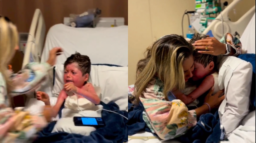 Tayane abraça seu filho Guilherme após ele passar mais de duas semanas em coma