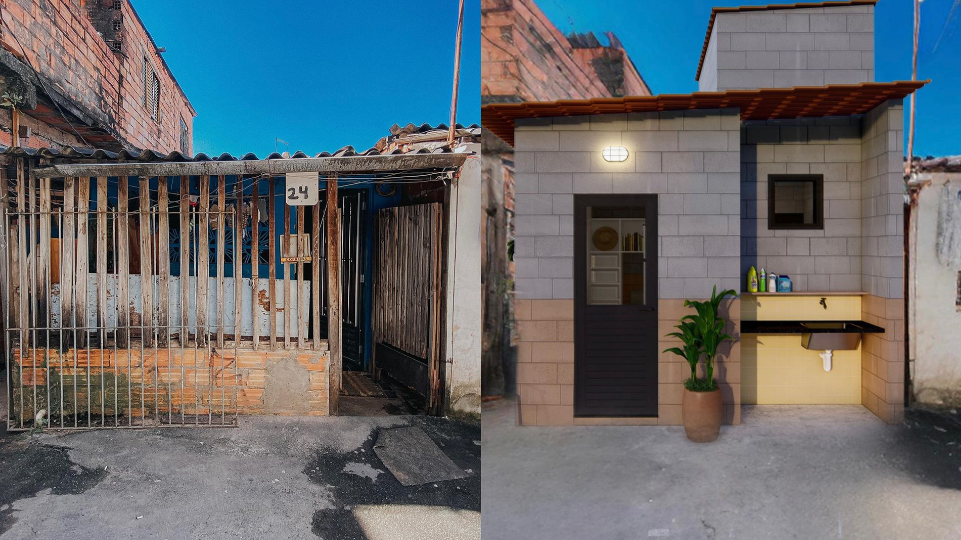 &Agrave; esquerda, foto da fachada da obra #89 e, &agrave; direita, o projeto 3D da nova fachada