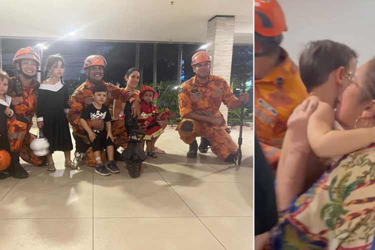 Crianças são resgatadas pelo corpo de bombeiros; elas estavam fantasiadas para festa de Halloween