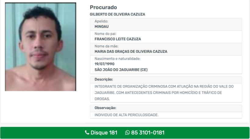 Imagem de procurado de Gilberto Mingau, suspeito de liberar grupo criminoso no Vale do Jaguaribe