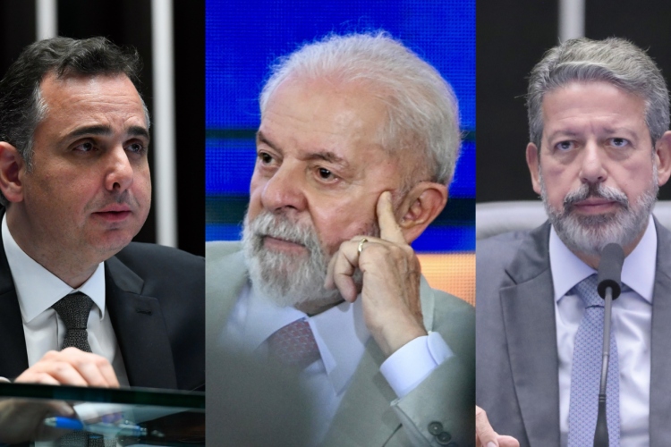Presidente do Senado, Rodrigo Pacheco (PSD-MG); presidente do Brasil, Luiz Inácio Lula da Silva (PT); e presidente da Câmara dos Deputados, Arthur Lira (PP-AL)