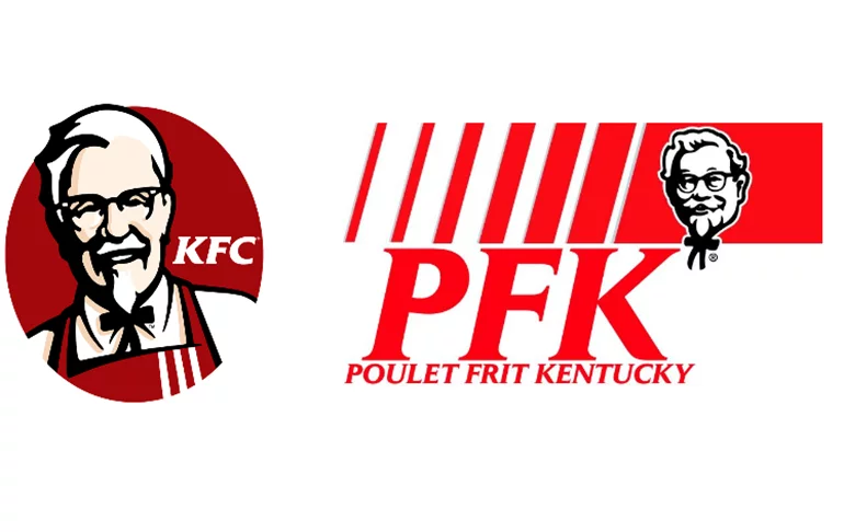 A rede de fast food KFC (Kentuchy Fried Chicken) se torna PFK (Poulet Frit Kentucky) no Canadá. A rede foi fundada em 1930 no Kentucky  com uma antiga receita de frango frito da região. 