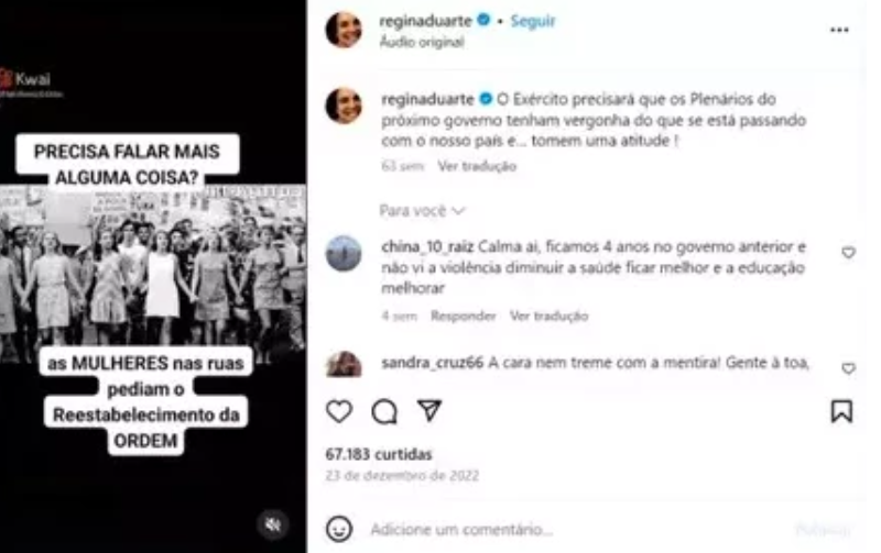 Regina postou em sua rede social uma foto famosa e histórica de Leila, ao lado de outras atrizes de renome (Eva Todor, Tônia Carrero, Eva Wilma, Odete Lara e Norma Bengell) , numa passeata contra a ditadura em 1968. Mas, ao contrário, Regina afirmou que o grupo estaria apoiando o governo militar.