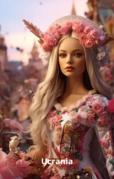 Essa é a Barbie ucraniana, com seu belo cabelo loiro ornamentado e roupa florida.