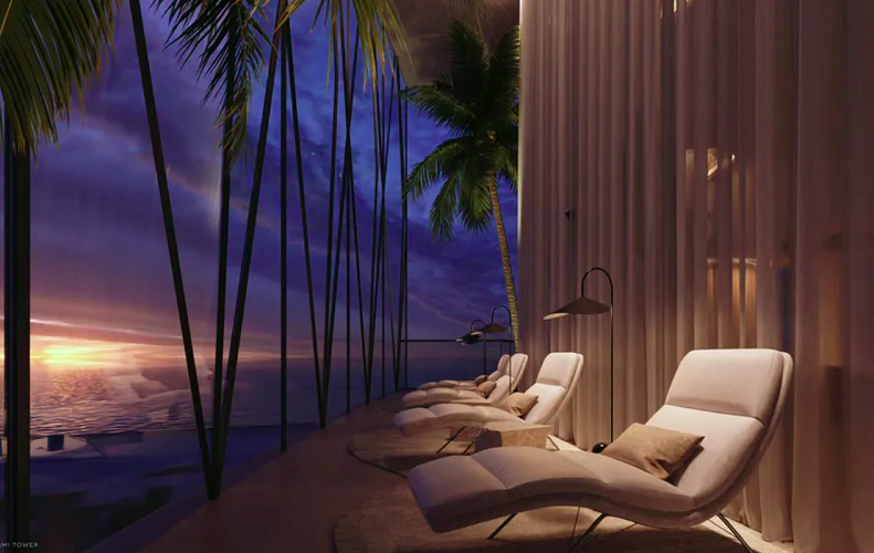 Os andares mais baixos do poço do elevador têm janelas de vidro, permitindo que os passageiros tenham uma visão ampla das áreas compartilhadas do prédio.