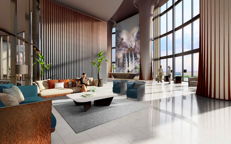 O desenho em forma de diamante, que é o símbolo da marca, aparece tanto nos painéis de vidro da fachada quanto nos azulejos decorativos do saguão do prédio.  