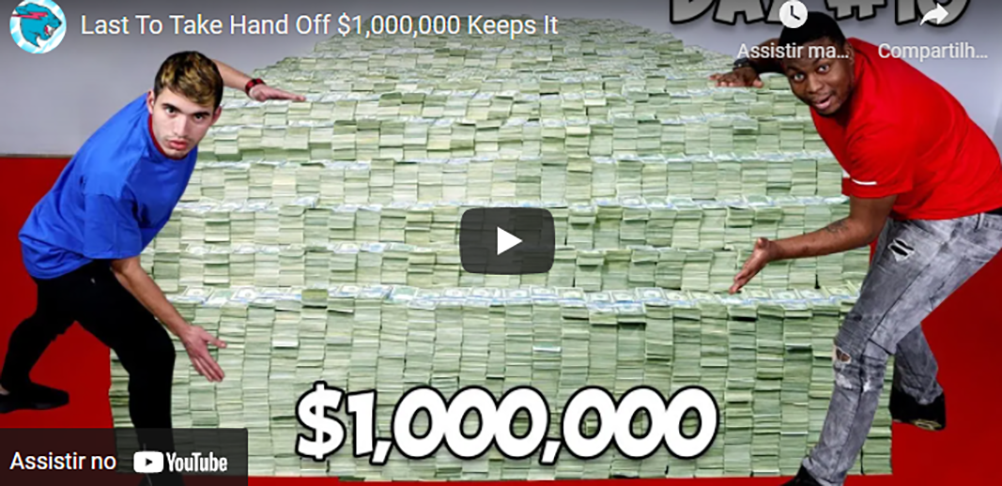 Mr Beast também criou vídeos em que oferecia prêmios a pessoas que se sujeitassem a sacrifício físico e mental, mas tudo sempre com bom humor. É o caso do vídeo em que ele deu US$ 1 milhão a quem conseguisse ficar mais tempo com uma das mãos numa pilha de cédulas de dólar.  