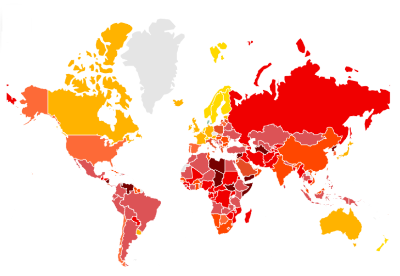 O Brasil tem 38 pontos. Está na posição 94 entre os 180 países mais corruptos, empatado com Argentina, Etiópia, Marrocos e Tanzânia.  É comum haver empates. No mapa, quanto mais escura a tonalidade, maior a corrupção. 