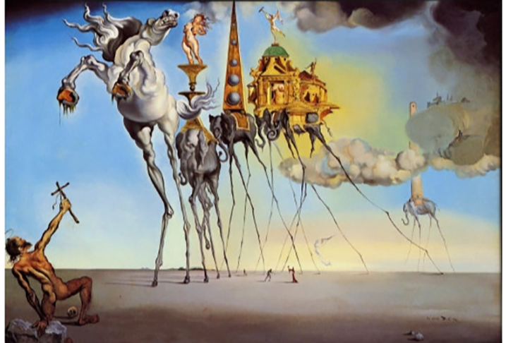 Dalí gostava de pintar temas relacionados a sonhos. Imagens oníricas em que se perde a noção de tempo e espaço. Uma figura recorrente é a do elefante com pernas gigantes, finas, como na tela A Tentação de Santo Antão. 