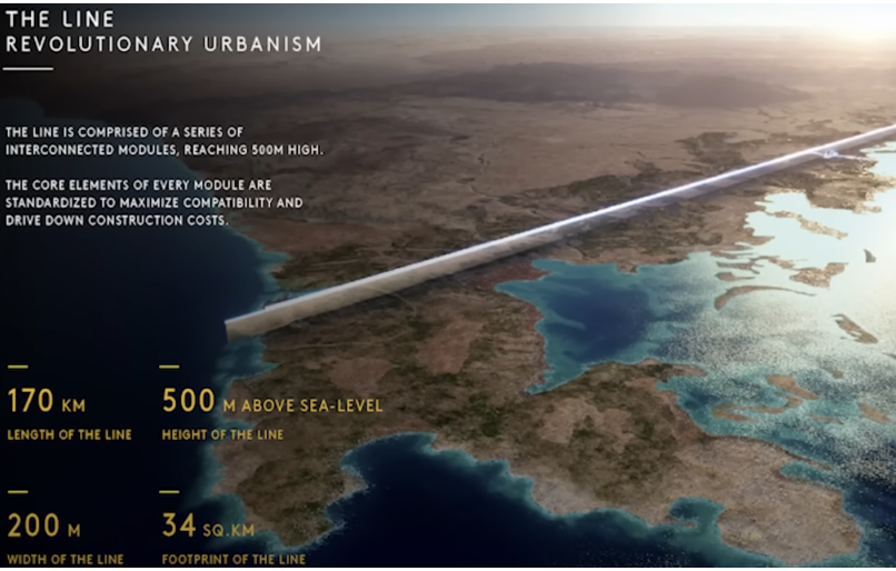A ideia é erguer dois gigantescos arranha-céus paralelos, de 200m de largura, 500m de altura e 170 km de comprimento.