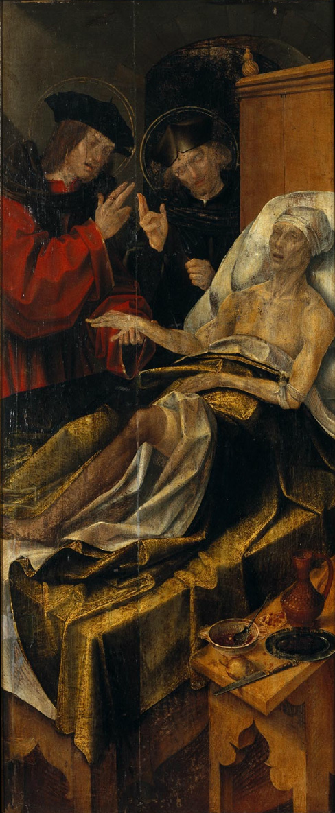 Exerciam a Medicina sem cobrar dos pacientes. Por isso, são padroeiros dos médicos. Na foto, quadro português de 1530 retrata Cosme e Damião atendendo um paciente.