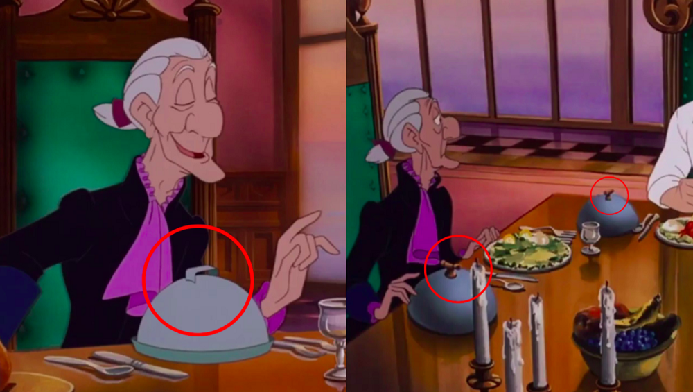 Erro de continuidade em “A Pequena Sereia” (1989): Durante o primeiro jantar de Ariel no castelo de Eric, as alças das tampas na mesa de jantar mudam de uma cena para outra. 