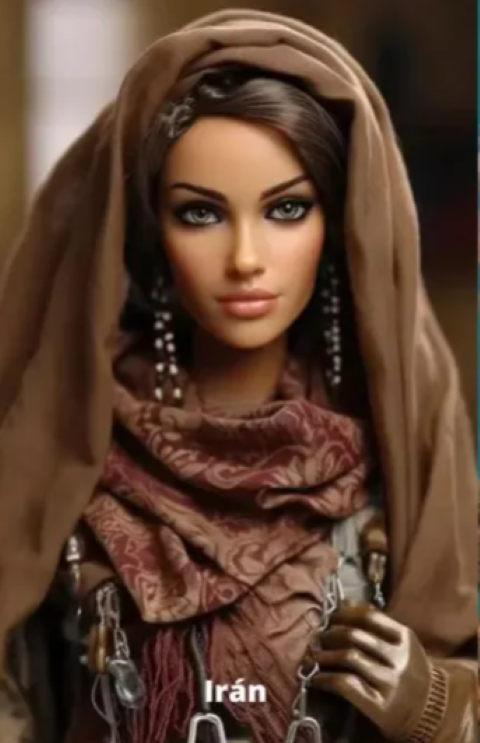 A Barbie iraniana, com o típico véu, foi caracterizada com roupas em tons mais terrosos, além dos traços característicos da região no rosto. 