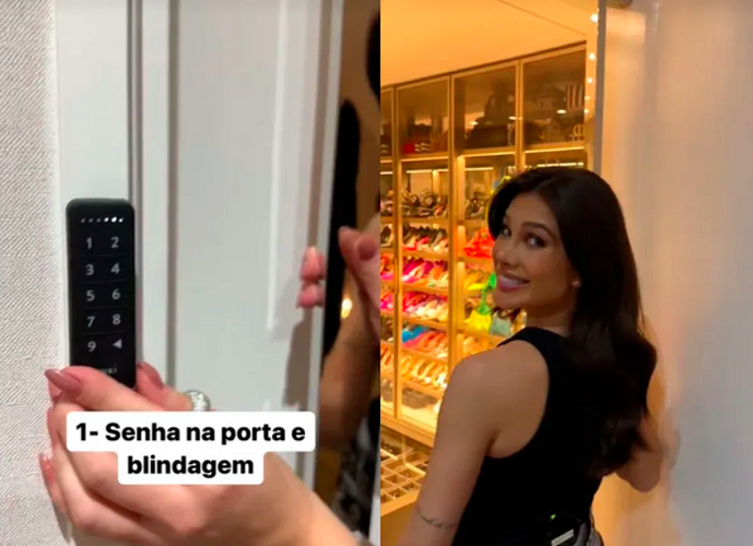 Entre bolsas e sapatos de luxo, um detalhe chamou a atenção do público: o cômodo não só tem uma porta com senha como também é blindado! 