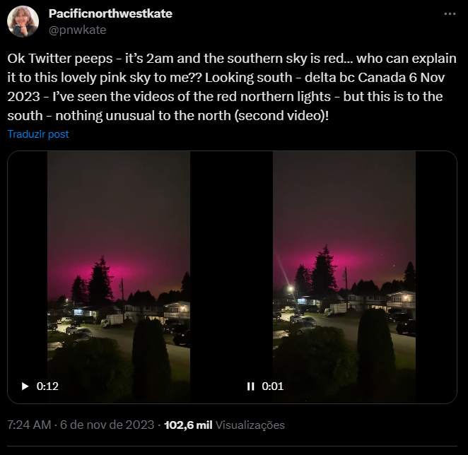 No X (ex-Twitter), uma usuária questionou: São 2 da manhã. Alguém consegue me explicar esse belo céu cor-de-rosa?