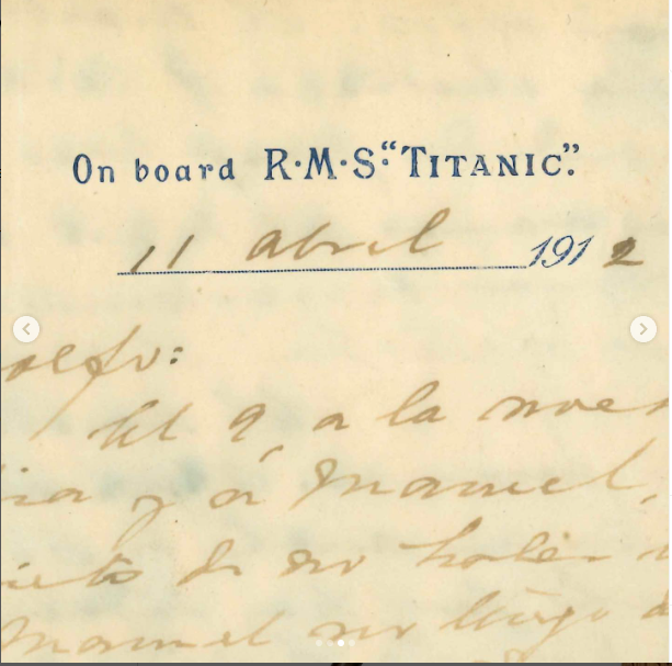 A relíquia, com uma fotografia de dedicatória no verso, teve lance inicial de US$ 12 mil e continha mensagem elogiosa sobre o navio:  Tudo que eu disser sobre ele é pouco 