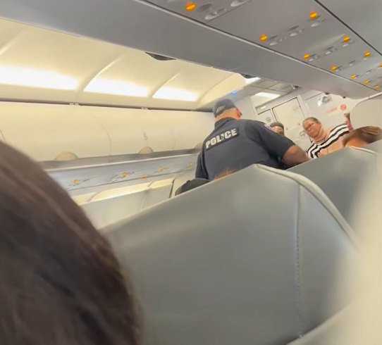 É nesse momento que, finalmente, a polícia chega e retira a mulher que começou toda a confusão do avião.