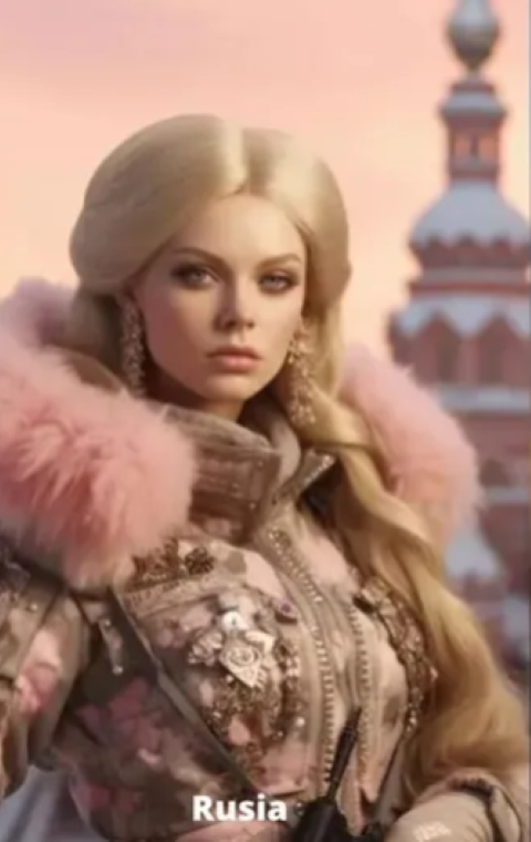 Posando diante da típica arquitetura moscovita, a Barbie da Rússia também é loira e veste um elegante casaco para o frio intenso do país.  