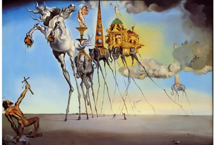 Dalí gostava de pintar temas relacionados a sonhos. Imagens oníricas em que se perde a noção de tempo e espaço. Uma figura recorrente é a do elefante com pernas gigantes, finas, como na tela A Tentação de Santo Antão. 