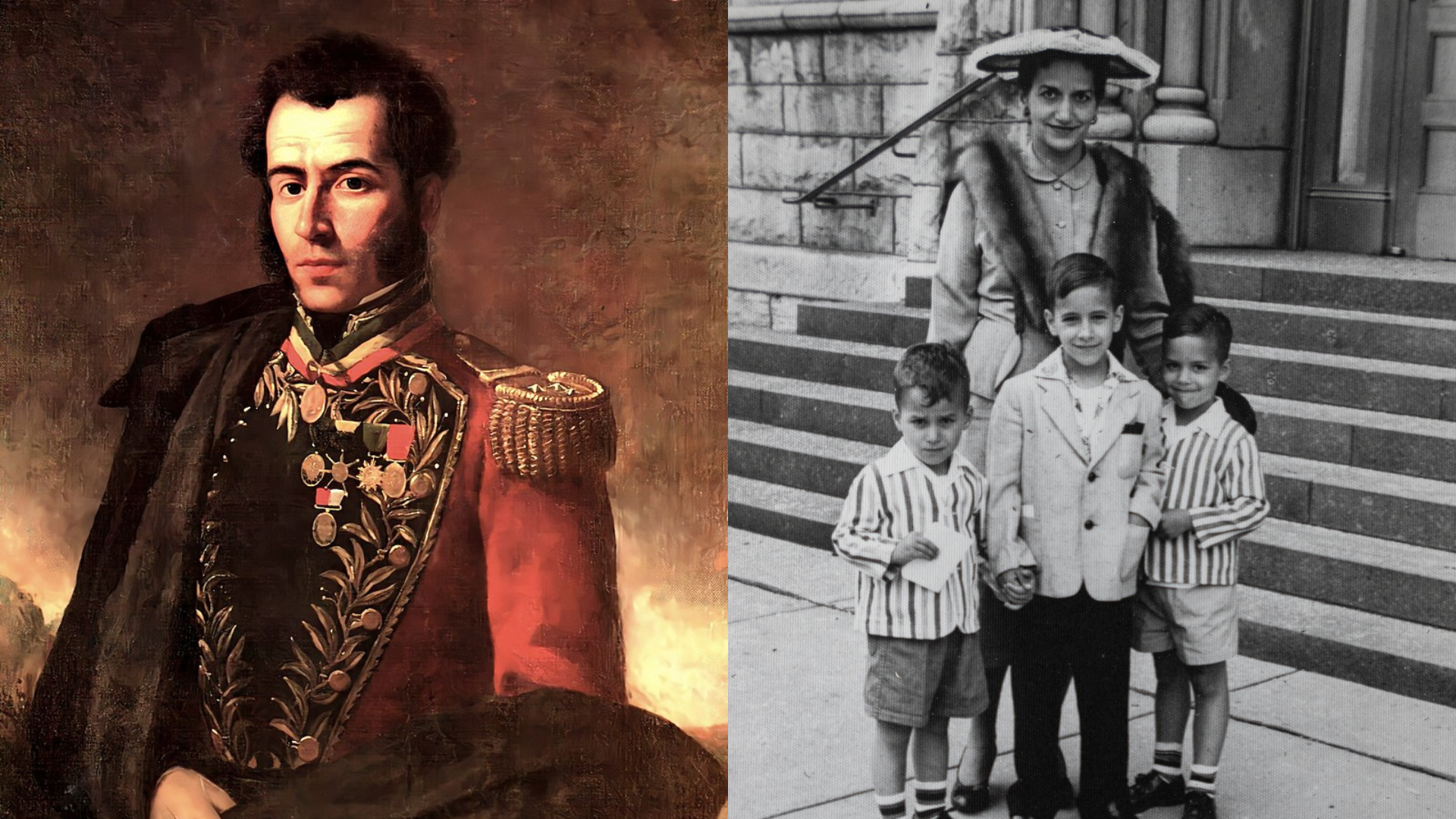 À esquerda: Antonio Jose Sucre, 2º presidente da Bolívia, é parente do papa Leão XIV pelo "lado espanhol". À direira: Suzanne Fontaine, mãe de Robert Prevost, junto dos filhos.