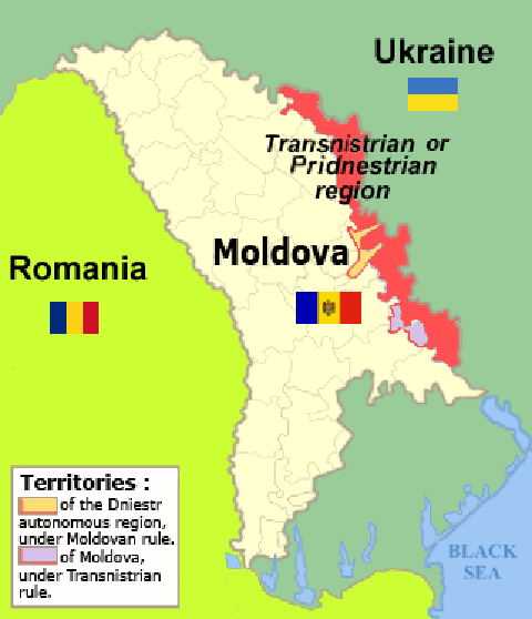 TRANSNISTRIA - Faz parte da Moldávia e , ao se declarar independente, passou a ficar com fronteira entre Moldávia e Ucrânia. Não é reconhecida por nenhum país.  