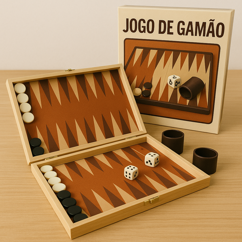 Gamão (Backgammon) – Jogo antigo que combina estratégia e sorte com dados, onde o objetivo é mover as peças ao redor do tabuleiro e retirá-las primeiro.
