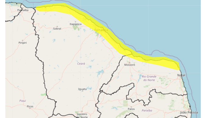 Mapa das área que receberam alerta de "perigo potencial" por Ventos Costeiros