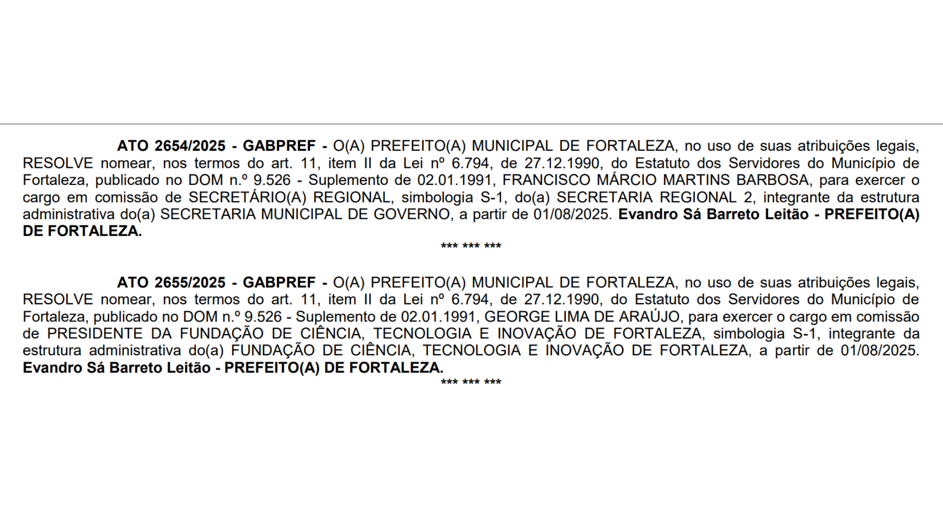 Márcio Martins e George Lima são nomeados para cargos na Prefeitura de Fortaleza 