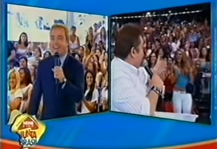 Em um dos momentos mais emblemáticos da TV brasileira, em 2003 Faustão e Gugu Liberato - que na época rivalizava em audiência no mesmo horário - dividiram tela ao vivo para uma ação comercial.