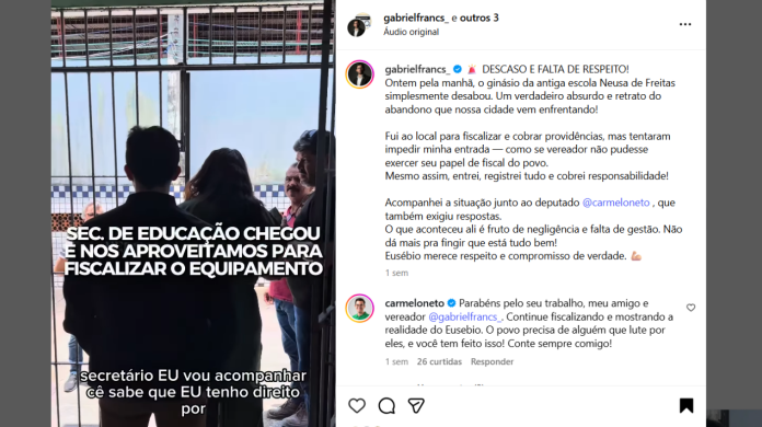 Vereador Gabriel publica vídeo mostrando embate com funcionários que tentaram impedir a ficalização. Carmelo comentou na postagem.