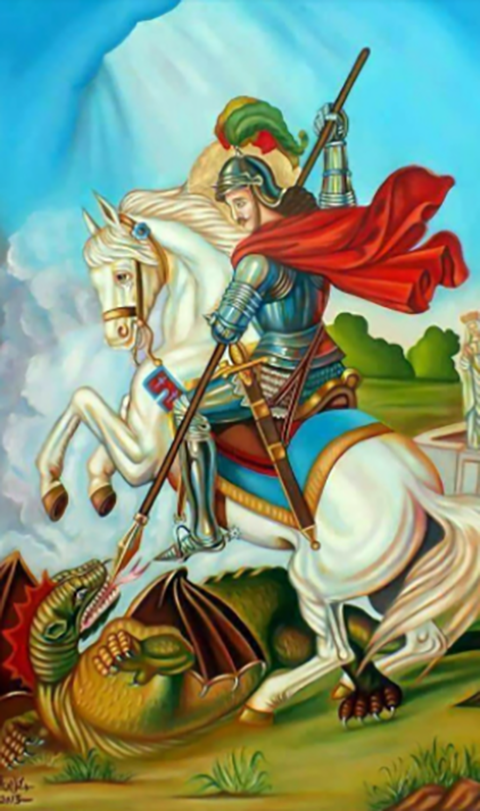 Oração de São Jorge: Eu estou vestido com as roupas e as armas de Jorge. Para que meus inimigos tenham mãos e não me toquem. Para que meus inimigos tenham pés e não me alcancem. Para que meus inimigos tenham olhos e não me vejam. E nem mesmo pensamento eles possam ter para me fazerem mal. Salve, Jorge!