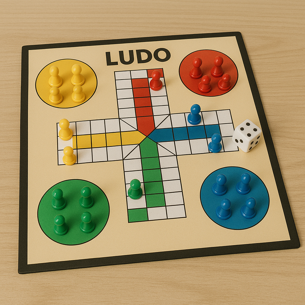 Ludo – Jogo de percurso, onde cada jogador tenta levar suas peças até a casa final antes dos adversários.
