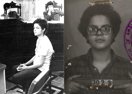 Na primeira foto, em 1970, Dilma durante audiência em um tribunal militar depois de 22 dias de tortura. Na segunda, foto da ficha de Dilma no Departamento de Ordem Política e Social (DOPS) de São Paulo, registrada em janeiro de 1970