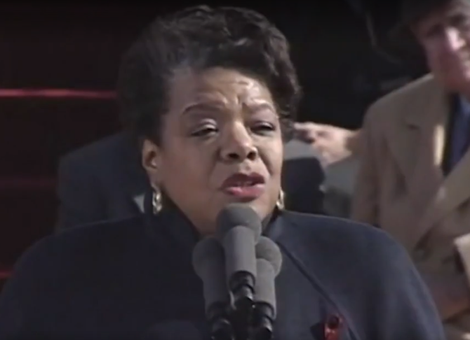 Em 1993, Maya tornou-se a primeira mulher negra a escrever e declamar um poema na posse de um presidente (no caso, Bill Clinton).  