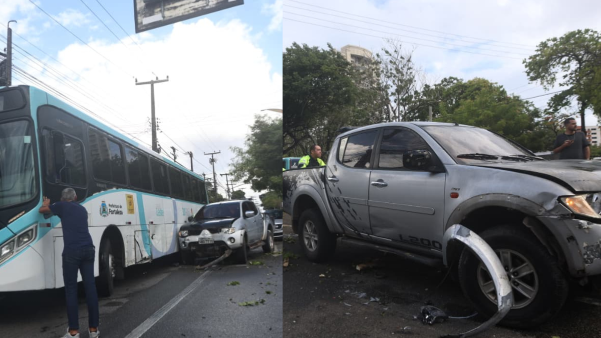 Um acidente de tr&acirc;nsito envolvendo dois autom&oacute;veis, duas motociclistas e um &ocirc;nibus aconteceu no cruzamento da avenida 13 de Maio com a rua Martinho Rodrigues, no Bairro de F&aacute;tima, em Fortaleza, na manh&atilde; desta quarta-feira, 4