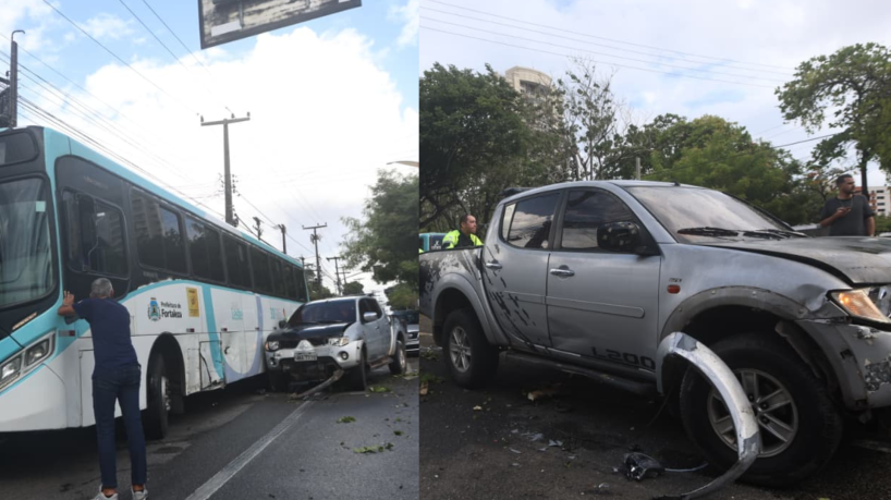 Um acidente de tr&acirc;nsito envolvendo dois autom&oacute;veis, duas motociclistas e um &ocirc;nibus aconteceu no cruzamento da avenida 13 de Maio com a rua Martinho Rodrigues, no Bairro de F&aacute;tima, em Fortaleza, na manh&atilde; desta quarta-feira, 4 
