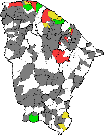 Mapa do Ceará com municípios que registraram chuva entre os dias 25 e 26 de abril 