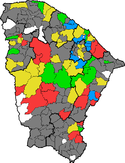 Mapa do Estado do Ceará com as cidades que registraram chuvas 