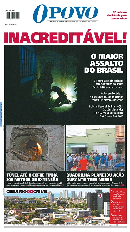 Capa da edição do jornal O POVO sobre o furto ao Banco Central em Fortaleza, em 5 de agosto de 2005 